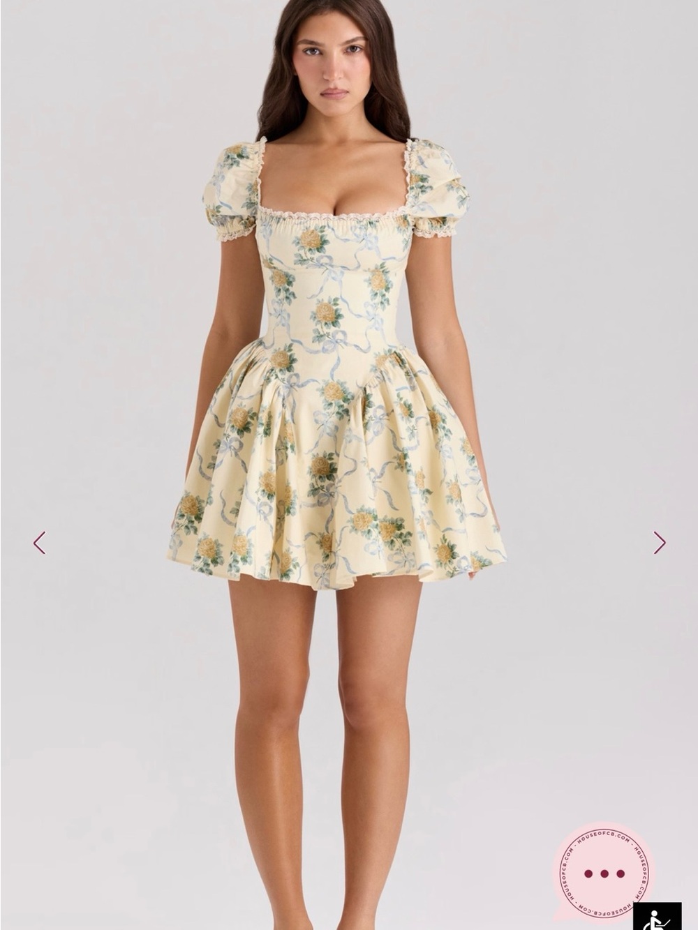 House of CB Yellow Floral Square-Neck Mini Dress Roses - Picture 2 of 6